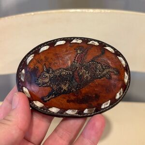 Vintage Tony Lama Hand Painted Leather Belt Buckle Cowboy Riding Bull Western